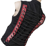 Wornstar Clothing men's custom vest. Handmade custom denim and leather rock vest. Rocker style black stretch denim custom-made stage vest.