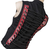 Wornstar Clothing men's custom vest. Handmade custom denim and leather rock vest. Rocker style black stretch denim custom-made stage vest.