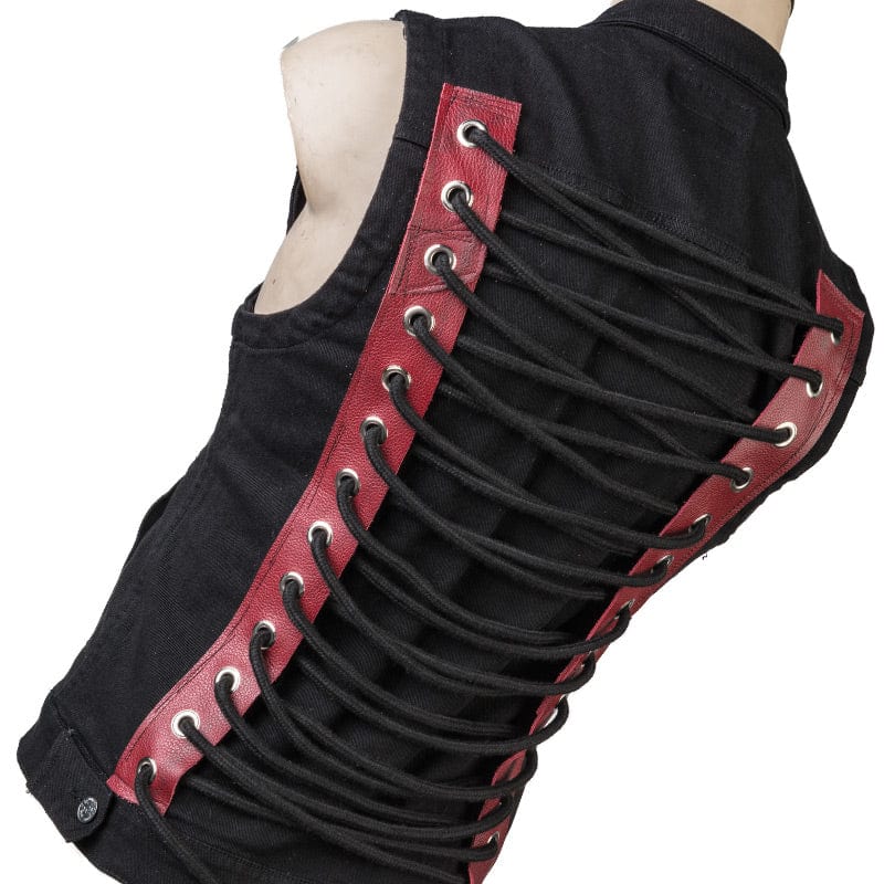 Wornstar Clothing men's custom vest. Handmade custom denim and leather rock vest. Rocker style black stretch denim custom-made stage vest.