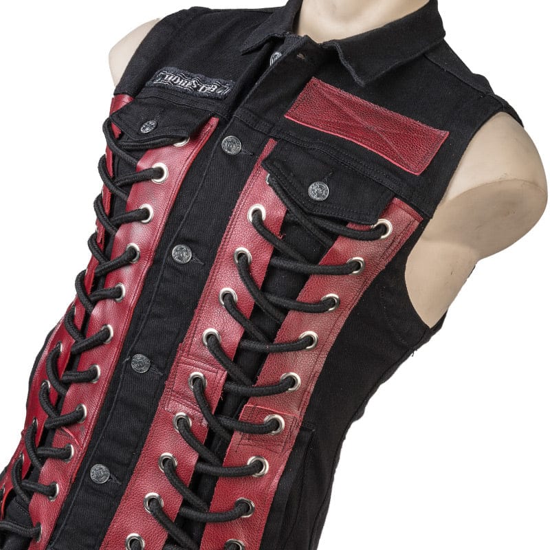 Wornstar Clothing men's custom vest. Handmade custom denim and leather rock vest. Rocker style black stretch denim custom-made stage vest.