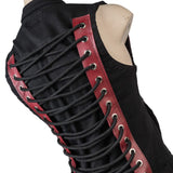 Wornstar Clothing men's custom vest. Handmade custom denim and leather rock vest. Rocker style black stretch denim custom-made stage vest.