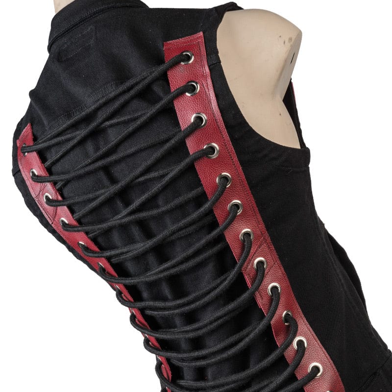 Wornstar Clothing men's custom vest. Handmade custom denim and leather rock vest. Rocker style black stretch denim custom-made stage vest.