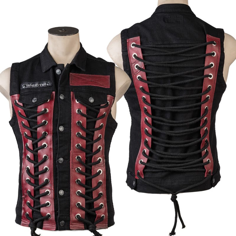 Wornstar Clothing men's custom vest. Handmade custom denim and leather rock vest. Rocker style black stretch denim custom-made stage vest.