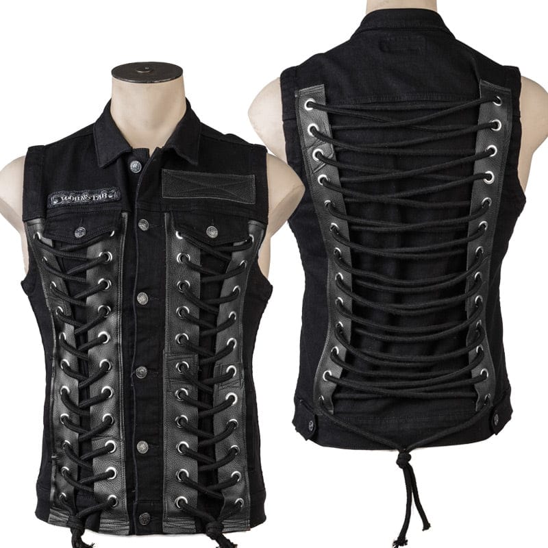 Wornstar Clothing men's custom vest. Handmade custom denim and leather rock vest. Rocker style black stretch denim custom-made stage vest.
