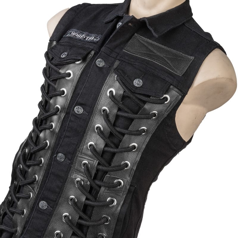 Wornstar Clothing men's custom vest. Handmade custom denim and leather rock vest. Rocker style black stretch denim custom-made stage vest.