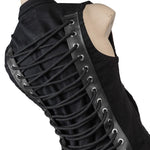 Wornstar Clothing men's custom vest. Handmade custom denim and leather rock vest. Rocker style black stretch denim custom-made stage vest.