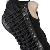 Wornstar Clothing men's custom vest. Handmade custom denim and leather rock vest. Rocker style black stretch denim custom-made stage vest.