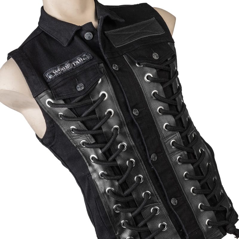 Wornstar Clothing men's custom vest. Handmade custom denim and leather rock vest. Rocker style black stretch denim custom-made stage vest.