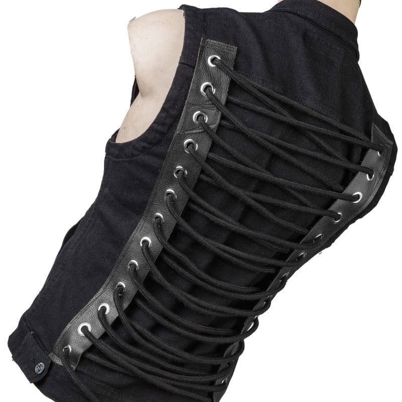 Wornstar Clothing men's custom vest. Handmade custom denim and leather rock vest. Rocker style black stretch denim custom-made stage vest.