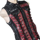 Wornstar Clothing men's custom vest. Handmade custom denim and leather rock vest. Rocker style black stretch denim custom-made stage vest.