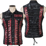 Wornstar Clothing men's custom vest. Handmade custom denim and leather rock vest. Rocker style black stretch denim custom-made stage vest.