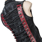 Wornstar Clothing men's custom vest. Handmade custom denim and leather rock vest. Rocker style black stretch denim custom-made stage vest.