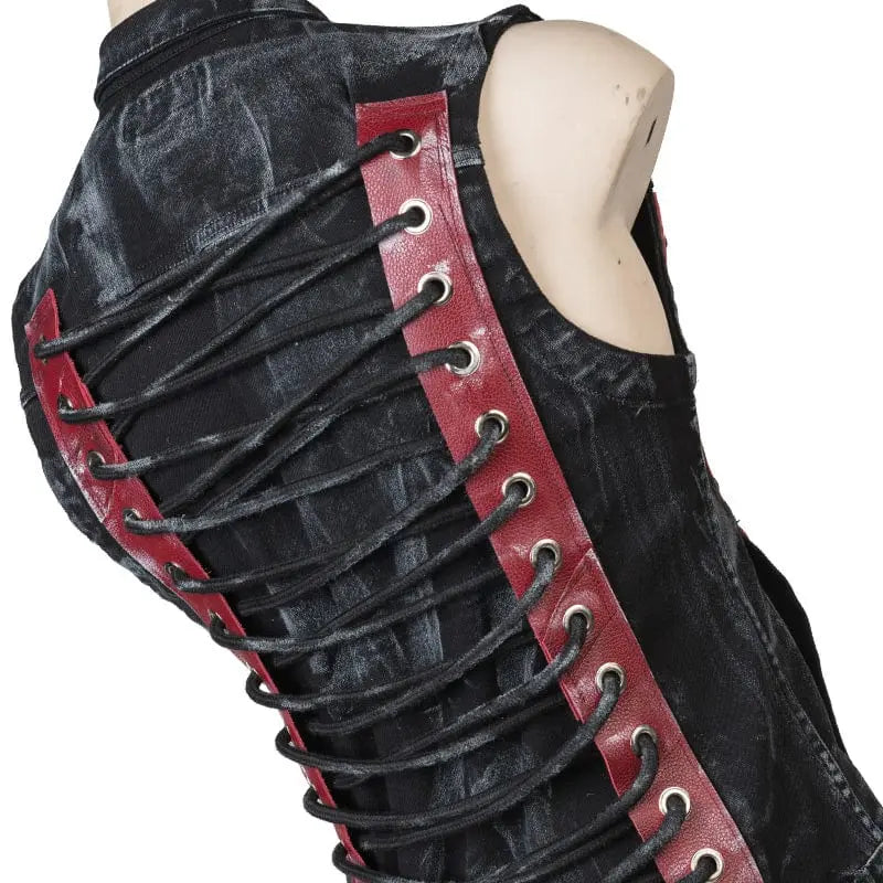 Wornstar Clothing men's custom vest. Handmade custom denim and leather rock vest. Rocker style black stretch denim custom-made stage vest.