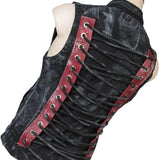Wornstar Clothing men's custom vest. Handmade custom denim and leather rock vest. Rocker style black stretch denim custom-made stage vest.