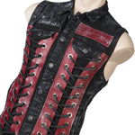 Wornstar Clothing men's custom vest. Handmade custom denim and leather rock vest. Rocker style black stretch denim custom-made stage vest.