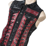 Wornstar Clothing men's custom vest. Handmade custom denim and leather rock vest. Rocker style black stretch denim custom-made stage vest.
