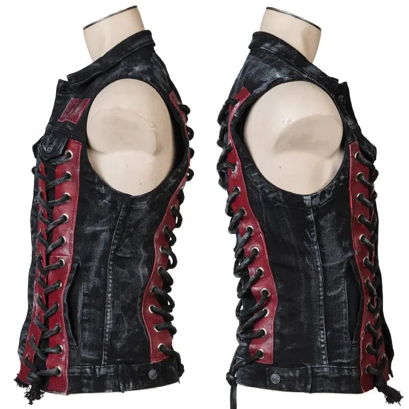 Wornstar Clothing men's custom vest. Handmade custom denim and leather rock vest. Rocker style black stretch denim custom-made stage vest.