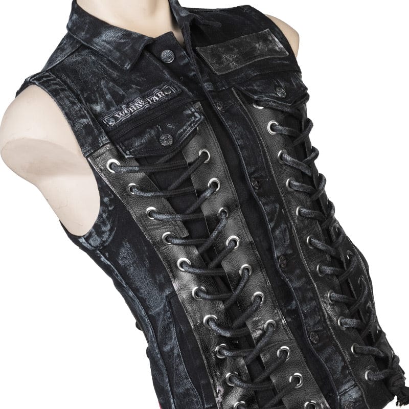Wornstar Clothing men's custom vest. Handmade custom denim and leather rock vest. Rocker style black stretch denim custom-made stage vest.