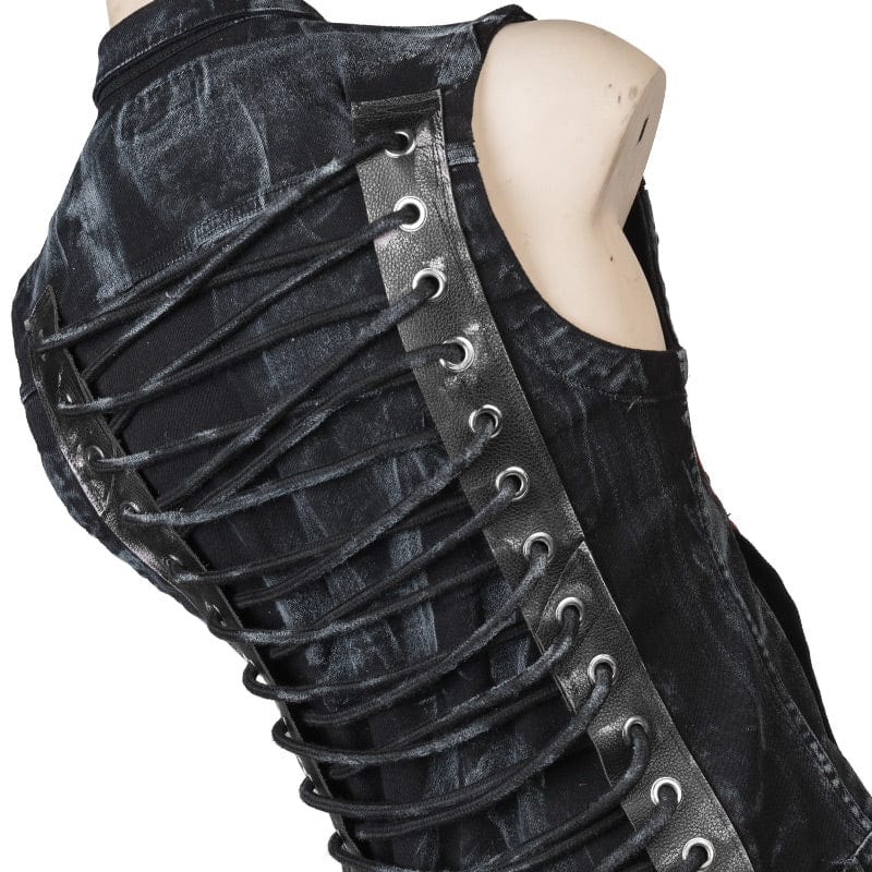 Wornstar Clothing men's custom vest. Handmade custom denim and leather rock vest. Rocker style black stretch denim custom-made stage vest.