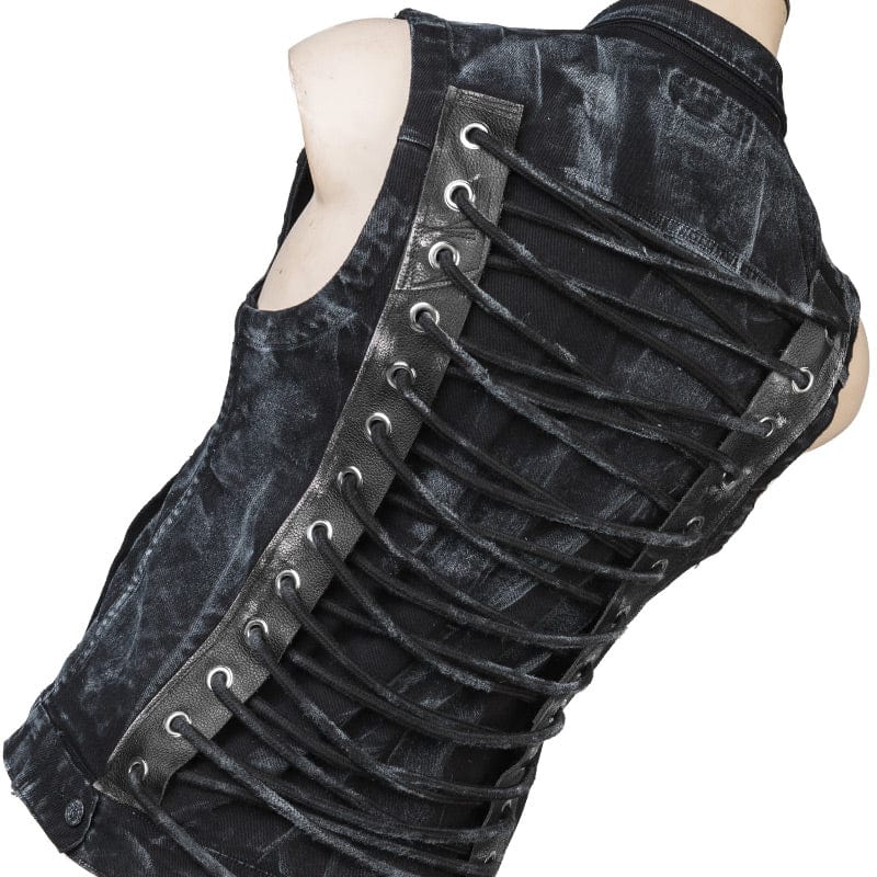 Wornstar Clothing men's custom vest. Handmade custom denim and leather rock vest. Rocker style black stretch denim custom-made stage vest.