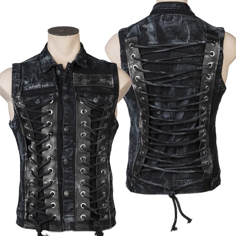 Wornstar Clothing men's custom vest. Handmade custom denim and leather rock vest. Rocker style black stretch denim custom-made stage vest.