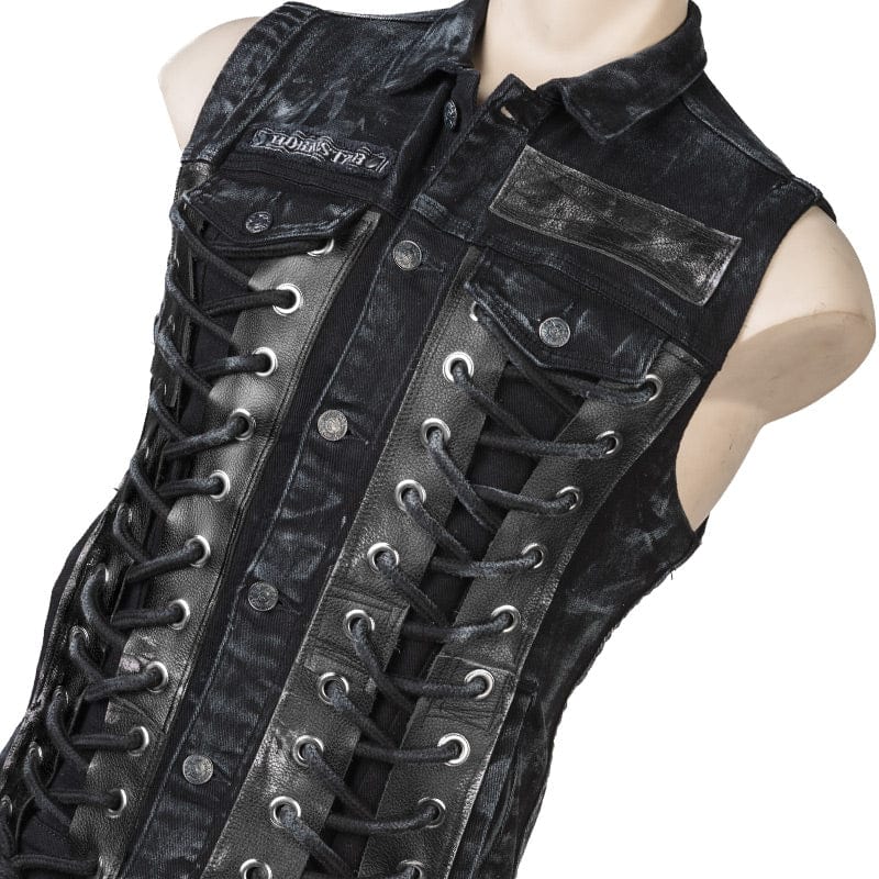 Wornstar Clothing men's custom vest. Handmade custom denim and leather rock vest. Rocker style black stretch denim custom-made stage vest.