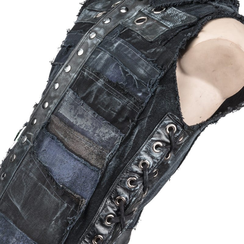 Wornstar Clothing men's custom vest. Handmade custom denim and leather rock vest. Rocker style black stretch denim custom-made stage vest.