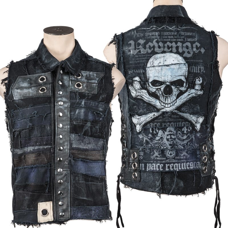 Wornstar Clothing men&#39;s custom vest. Handmade custom denim and leather rock vest. Rocker style black stretch denim custom-made stage vest.