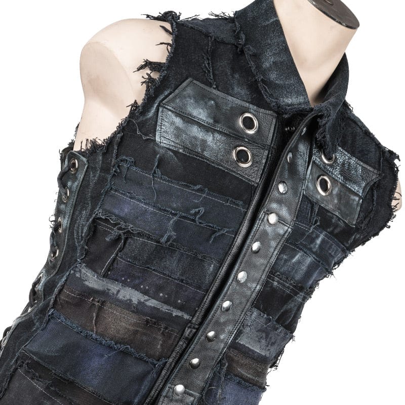 Wornstar Clothing men's custom vest. Handmade custom denim and leather rock vest. Rocker style black stretch denim custom-made stage vest.