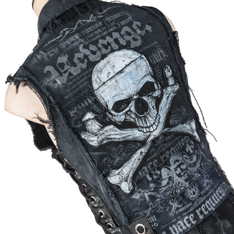 Wornstar Clothing men's custom vest. Handmade custom denim and leather rock vest. Rocker style black stretch denim custom-made stage vest.