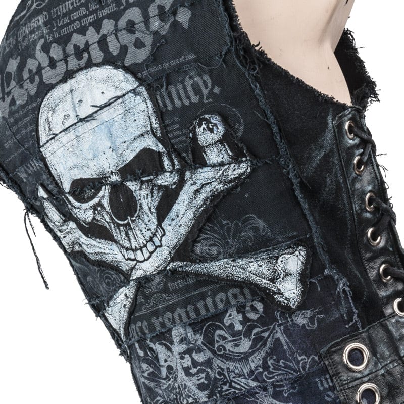 Wornstar Clothing men's custom vest. Handmade custom denim and leather rock vest. Rocker style black stretch denim custom-made stage vest.