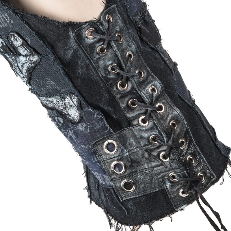 Wornstar Clothing men's custom vest. Handmade custom denim and leather rock vest. Rocker style black stretch denim custom-made stage vest.