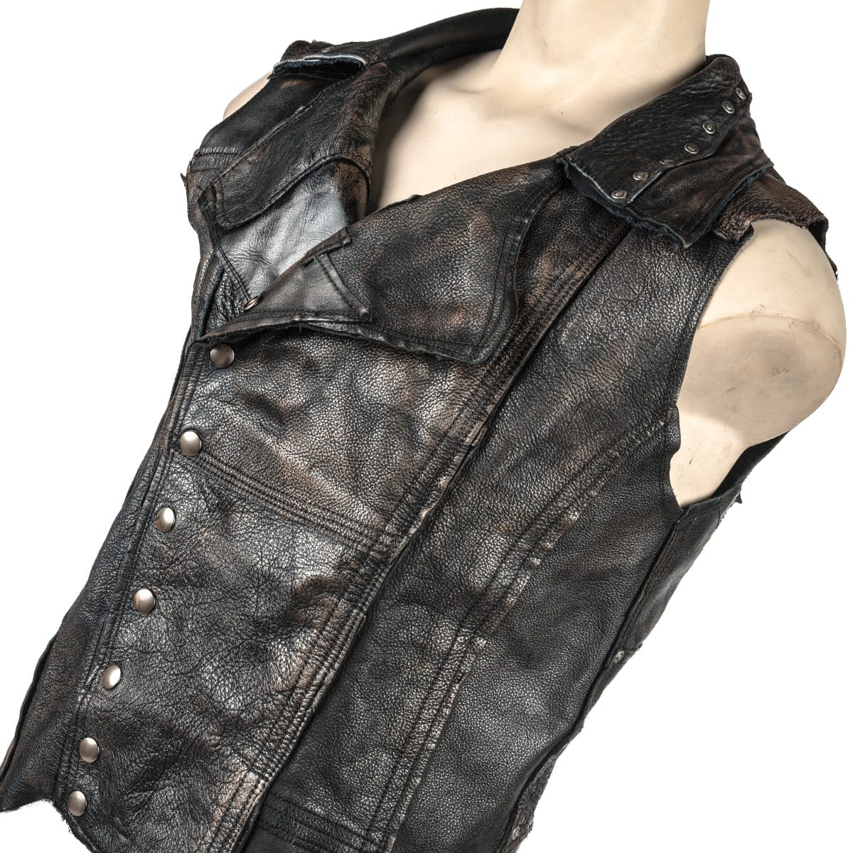 Wornstar Clothing men's custom vest. Handmade custom denim and leather rock vest. Rocker style black stretch denim custom-made stage vest.
