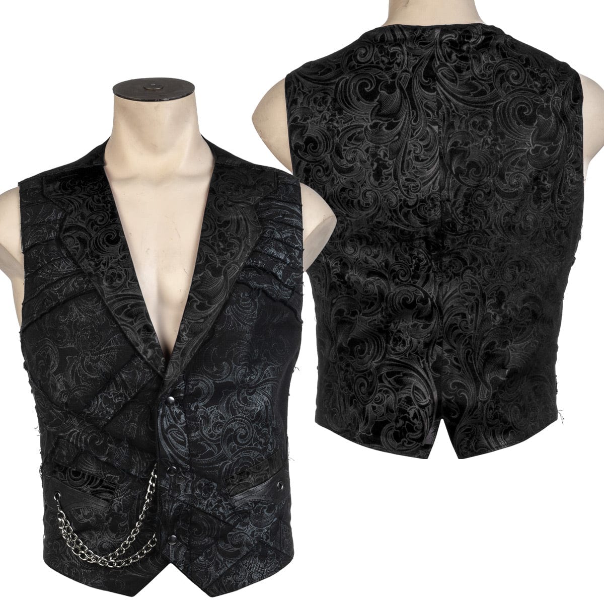 Wornstar Clothing men's custom vest. Handmade custom denim and leather rock vest. Rocker style black stretch denim custom-made stage vest.