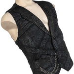Wornstar Clothing men's custom vest. Handmade custom denim and leather rock vest. Rocker style black stretch denim custom-made stage vest.