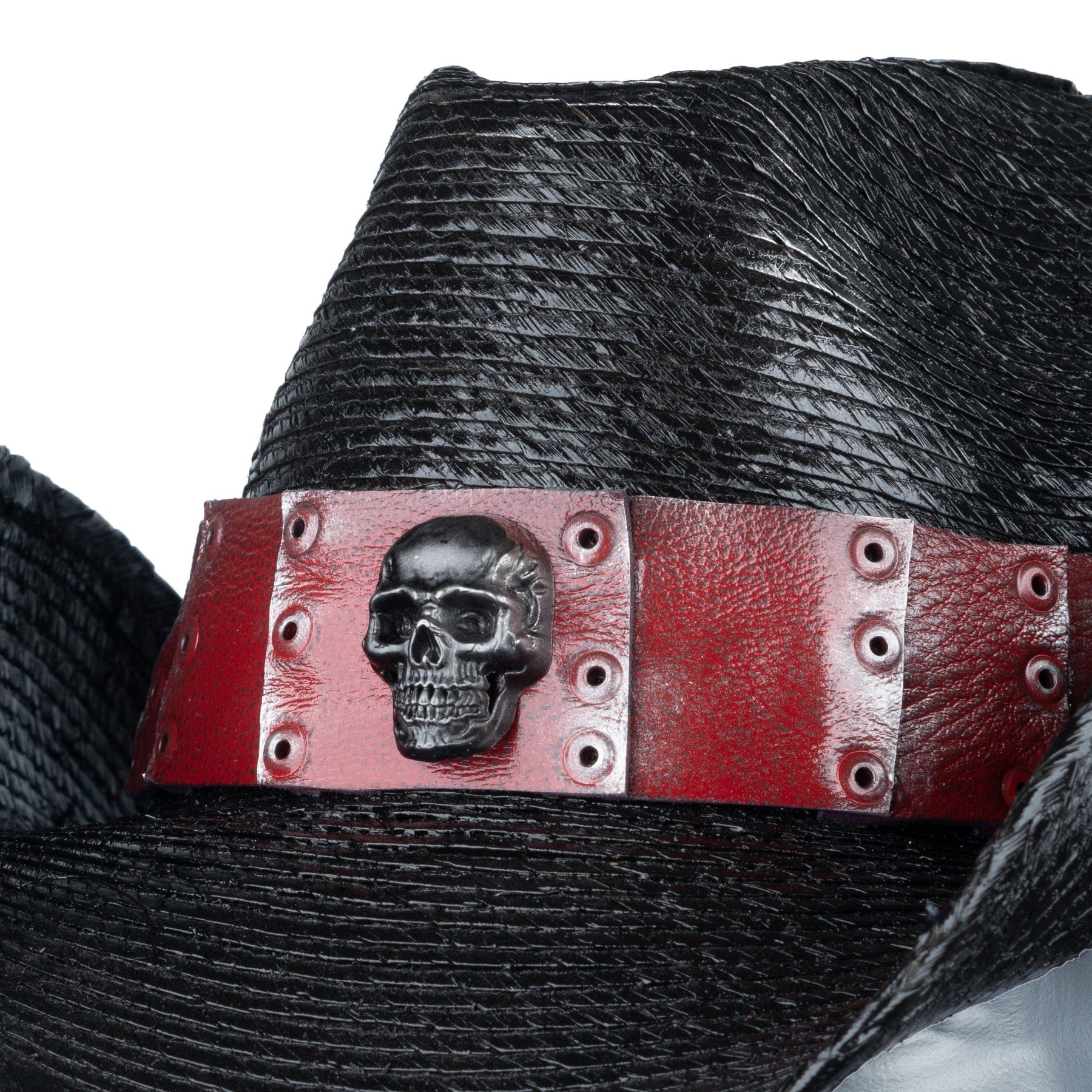 • Wornstar Custom Handmade, Stage Wear Collection• Handmade, leather hatband (hatband only)• Hand-painted• Adjustable size. Ties in the back.• Designed, made, and sold exclusively by Wornstar Clothing• Handmade at the time of order• Made with upcycled leather• Hand-set studs and skull• 