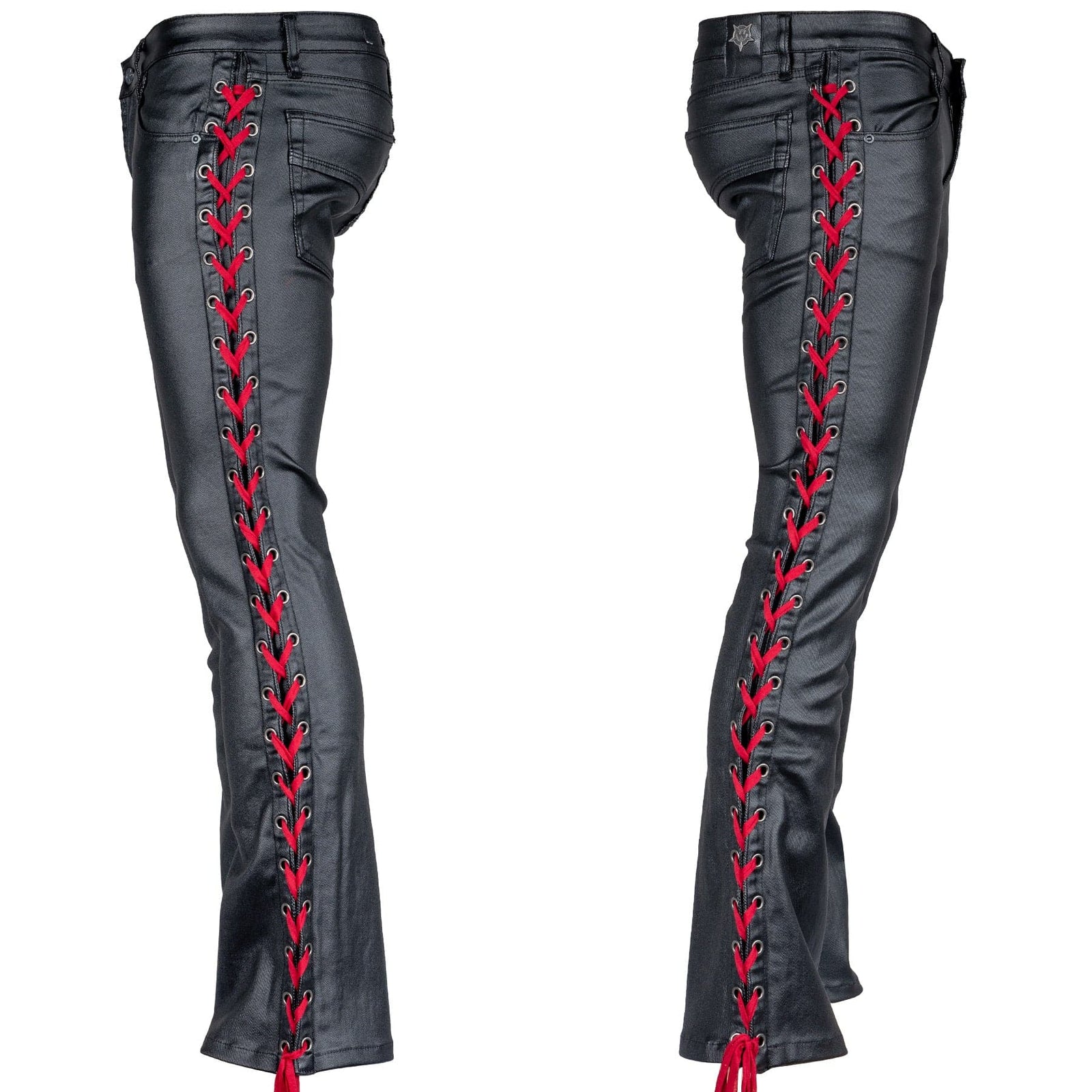 Custom Chop Shop Pants Wornstar Custom - Hellraiser Side Laced Waxed Denim Jeans - Black with Red Lacing