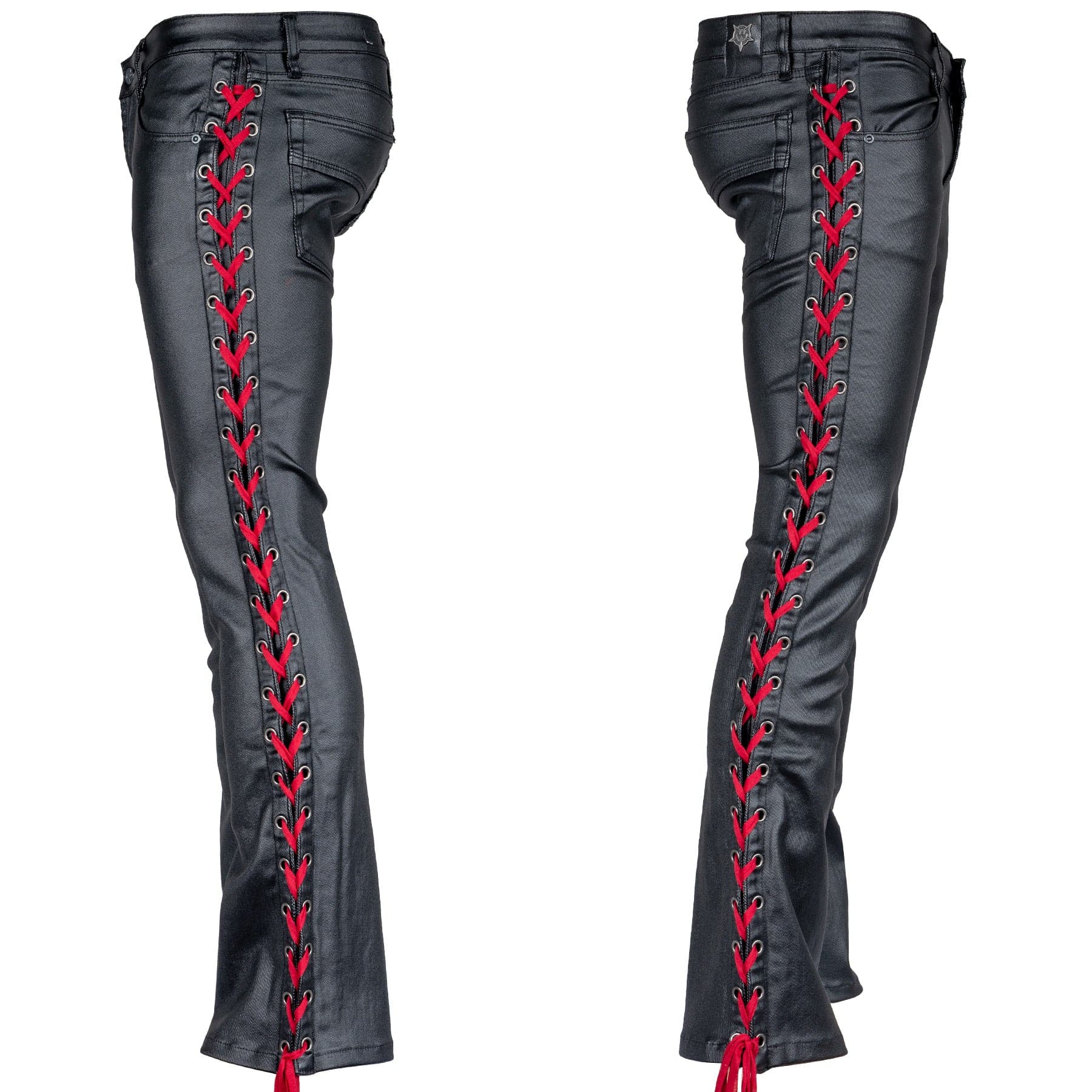 Custom Chop Shop Pants Wornstar Custom - Hellraiser Side Laced Waxed Denim Jeans - Black with Red Lacing