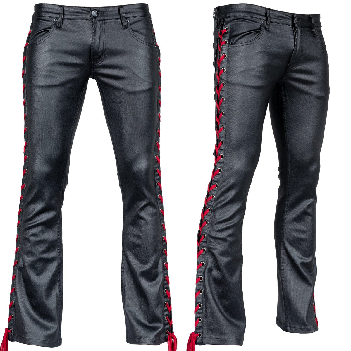 Custom Chop Shop Pants Wornstar Custom - Hellraiser Side Laced Waxed Denim Jeans - Black with Red Lacing