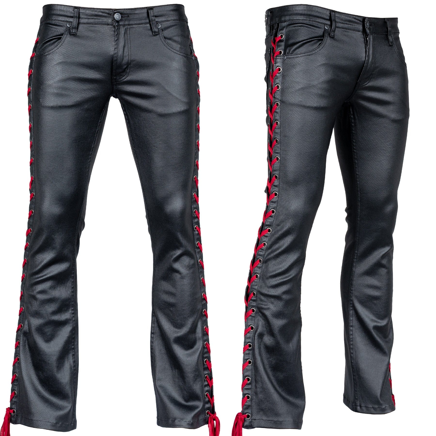Custom Chop Shop Pants Wornstar Custom - Hellraiser Side Laced Waxed Denim Jeans - Black with Red Lacing