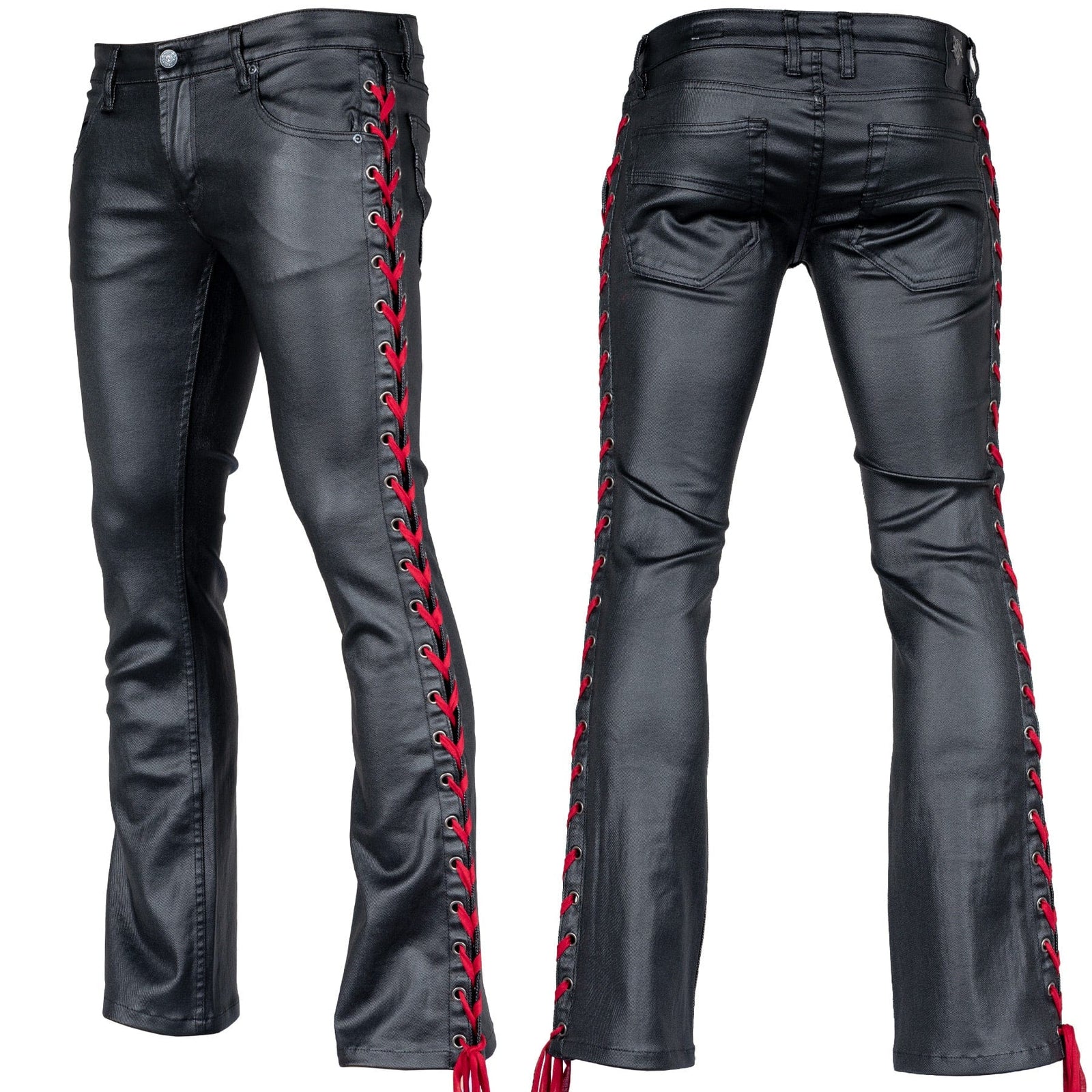 Custom Chop Shop Pants Wornstar Custom - Hellraiser Side Laced Waxed Denim Jeans - Black with Red Lacing