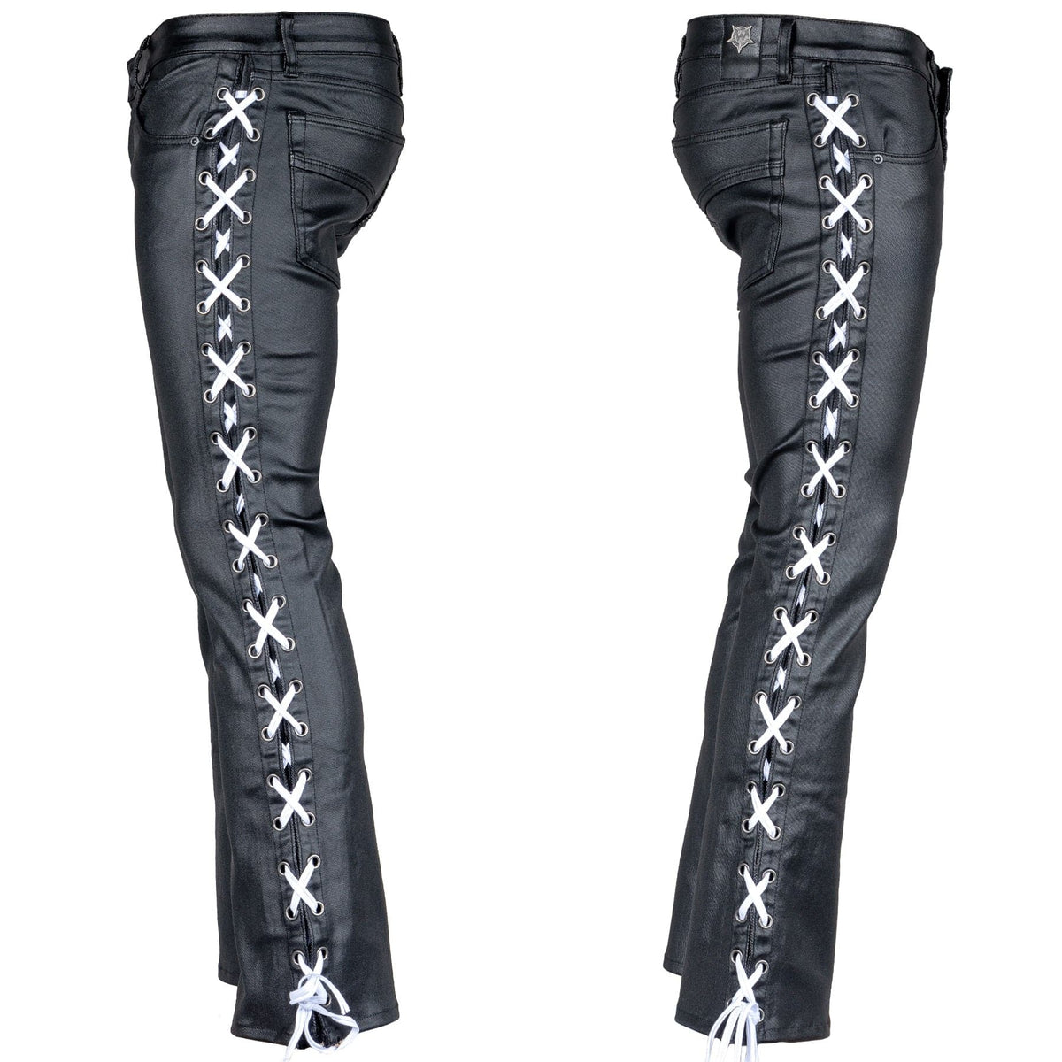 Custom Chop Shop Pants Wornstar Custom - Hellraiser Side Laced Waxed Denim Jeans - Black with White Lacing