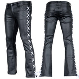 Custom Chop Shop Pants Wornstar Custom - Hellraiser Side Laced Waxed Denim Jeans - Black with White Lacing