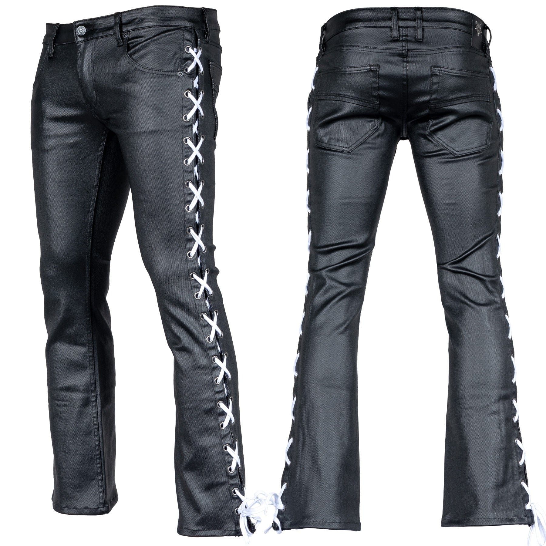 Custom Chop Shop Pants Wornstar Custom - Hellraiser Side Laced Waxed Denim Jeans - Black with White Lacing