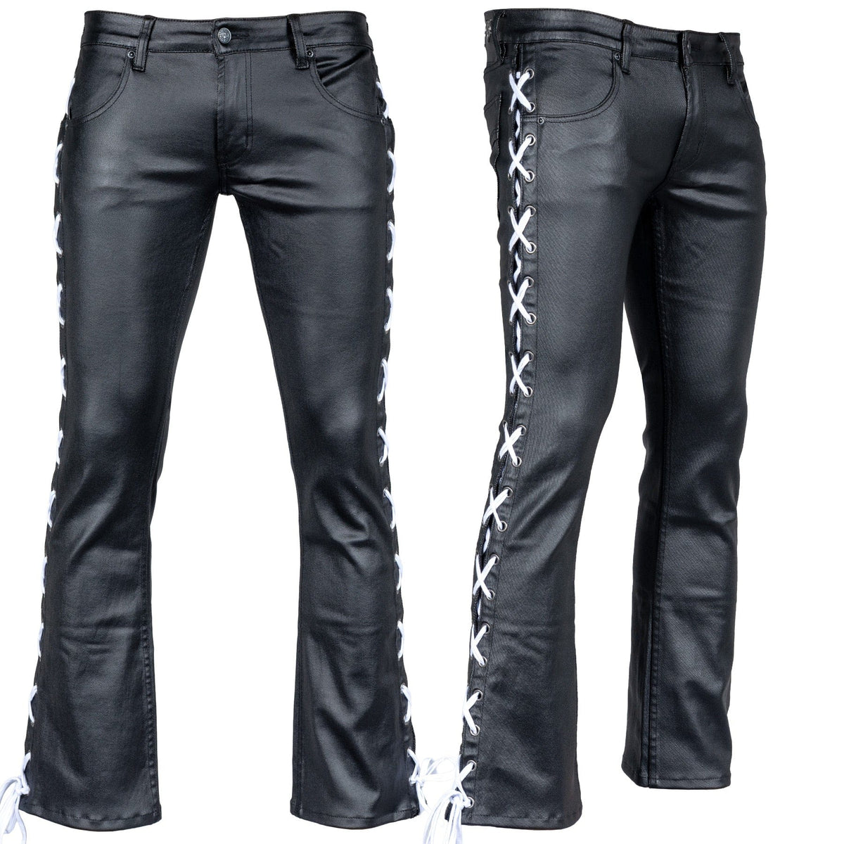 Custom Chop Shop Pants Wornstar Custom - Hellraiser Side Laced Waxed Denim Jeans - Black with White Lacing