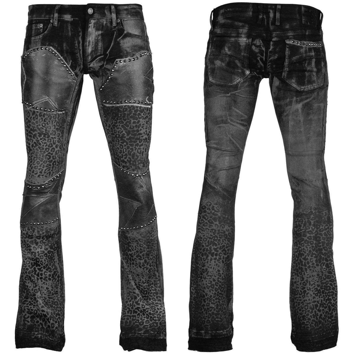 Wornstar Clothing mens custom pants. Handmade custom denim and leather rock pants. Rocker style black stretch denim custom made stage pants.