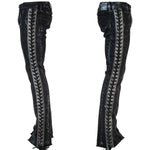 Wornstar Clothing mens custom pants. Handmade custom denim and leather rock pants. Rocker style black stretch denim custom made stage pants.