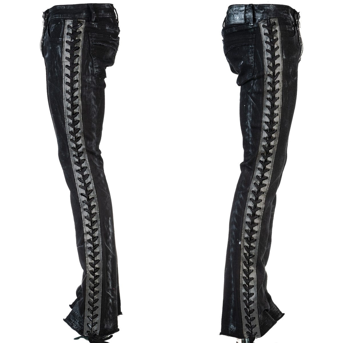 Wornstar Clothing mens custom pants. Handmade custom denim and leather rock pants. Rocker style black stretch denim custom made stage pants.