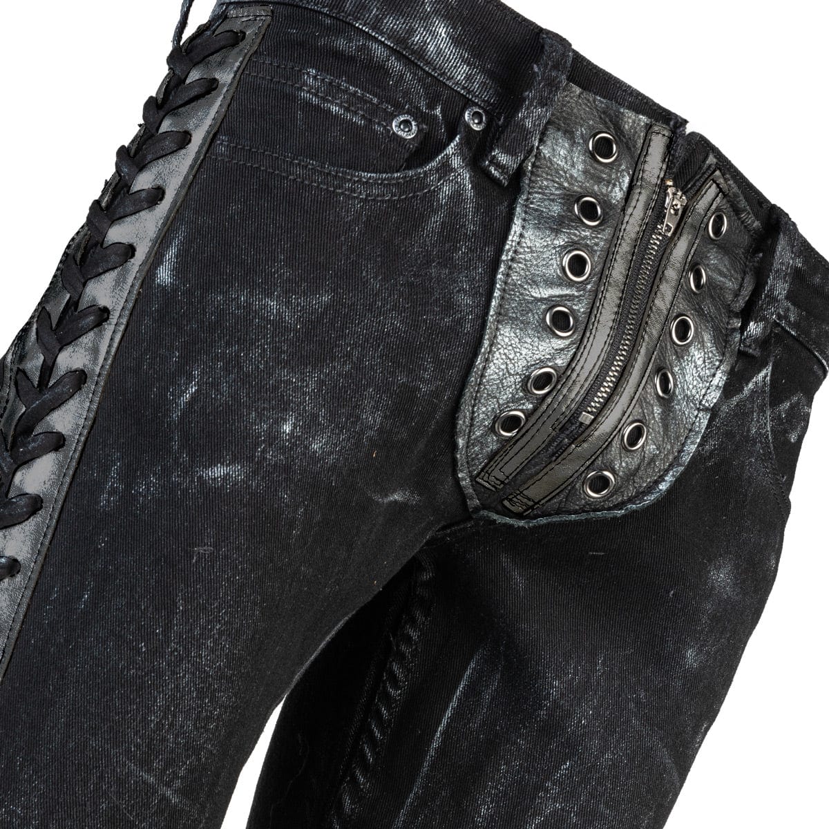 Wornstar Clothing mens custom pants. Handmade custom denim and leather rock pants. Rocker style black stretch denim custom made stage pants.