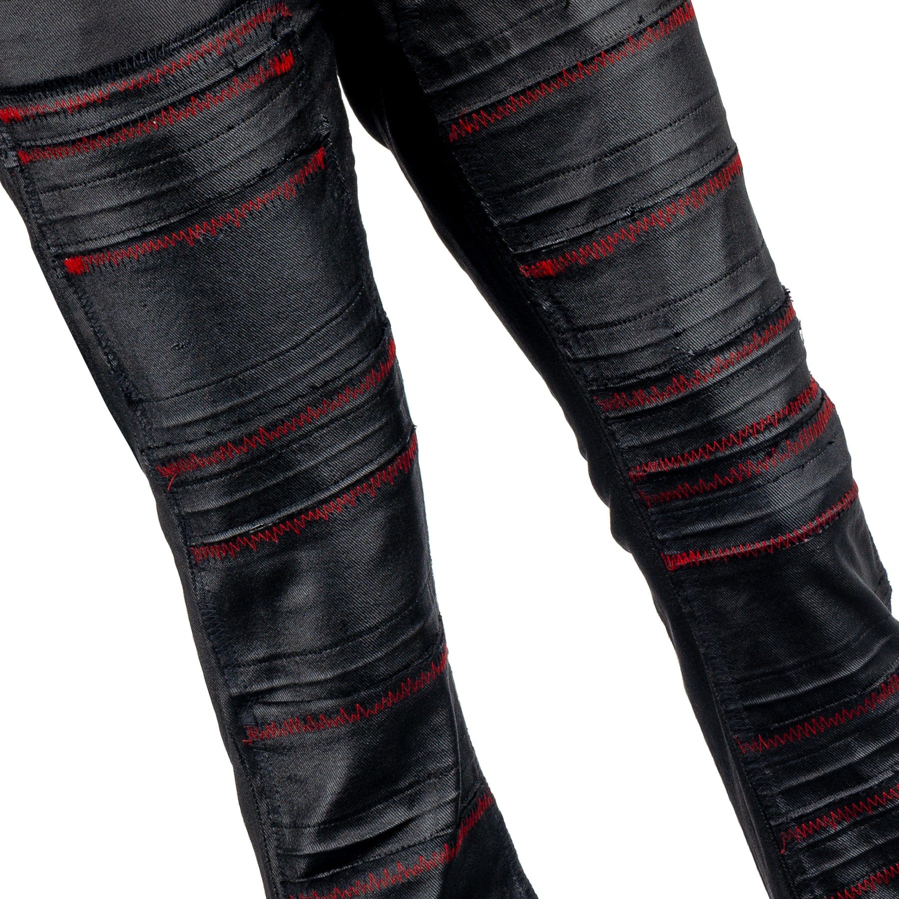 Custom Chop Shop Pants Wornstar Custom Jeans - Black Waxed Bandage with Red Stitching